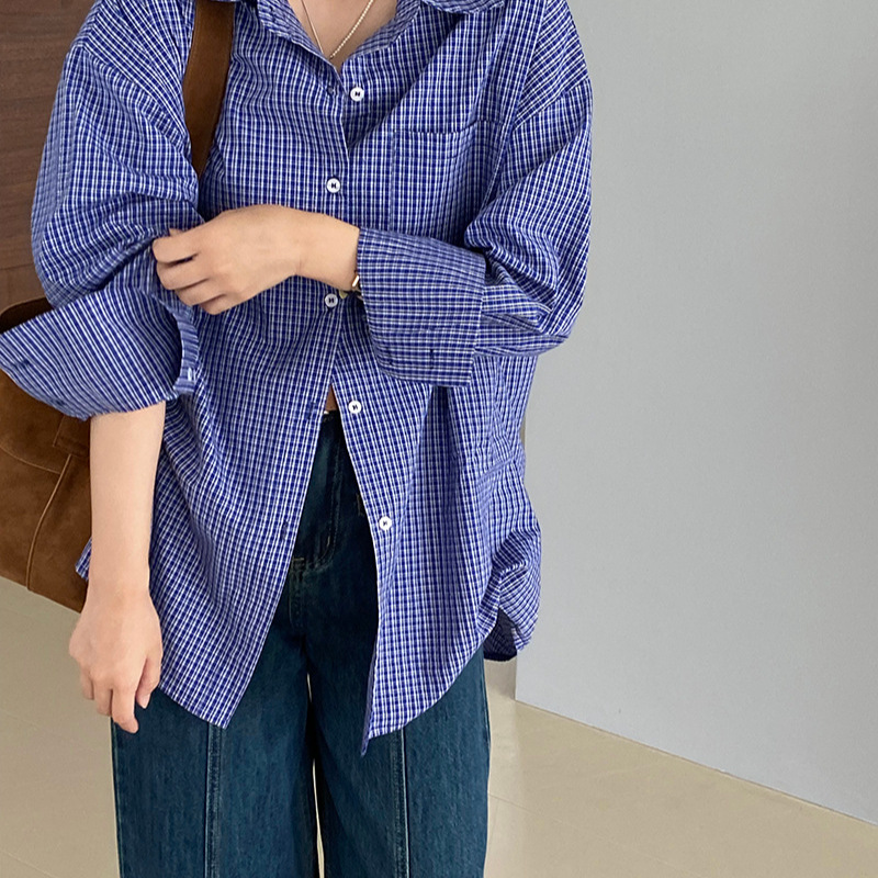 JIANG ZUO MIU MUI 셔츠 초가을 레트로 블루 체크 셔츠 여성용 느슨한 게으른 긴 소매 셔츠 1203