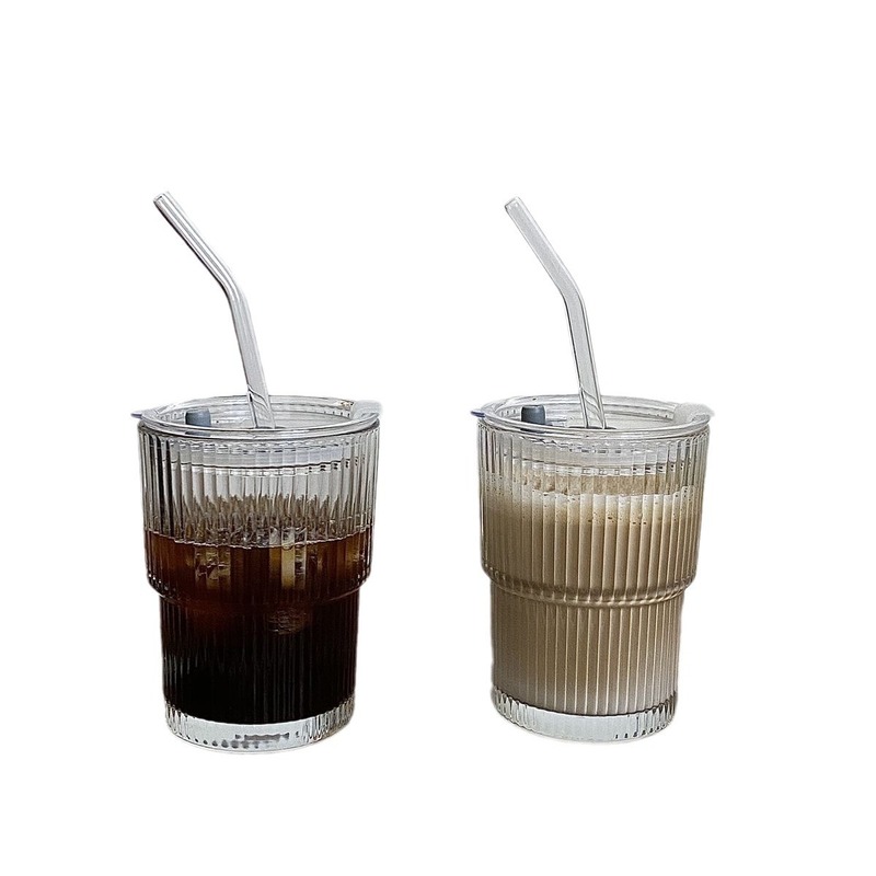 Ins風高颜値ガラスコーヒーカップシンプル縦縞ストローカップ|undefined