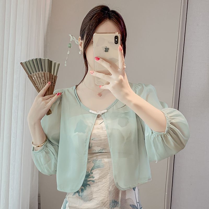 新中式雪纺防晒衣女夏薄款开衫外套法式小坎肩配裙子外搭披肩罩衫