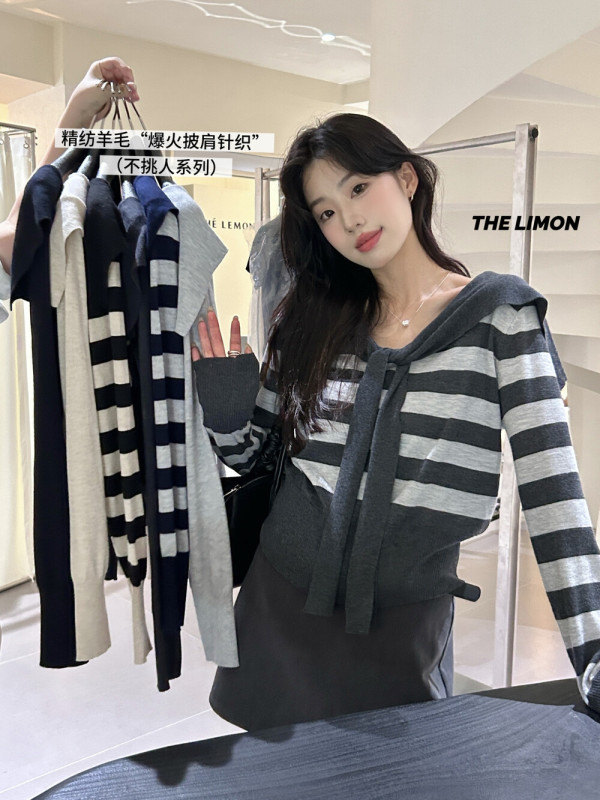 thelimon柠檬绿茶秋季新款时髦简约设计感条纹海军领长袖针织衫女|undefined