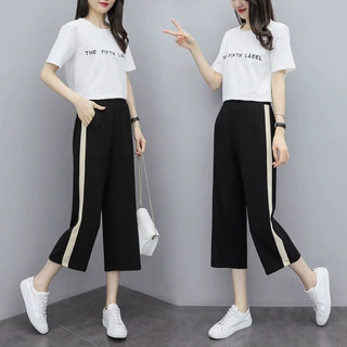 罗马棉米边七分阔腿裤女夏季薄款高腰松紧运动裤宽松垂感休闲裤子