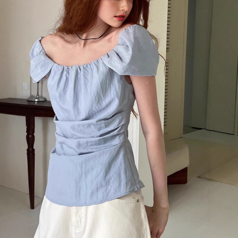 Let Me【North Girls】One-Line Neckline, Flower Bud Sleeves, Retro Pleated Romantic Short-Sleeved T-Shirt for Women Let Me【North Girls】One-Line Neckline, Flower Bud Sleeves, Retro Pleated Romantic Short-Sleeved T-Shirt for Women