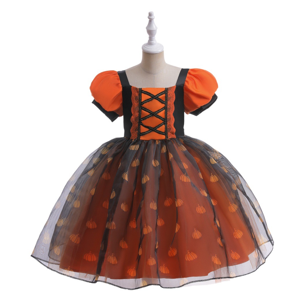 Nuevo en stock europeo y americano Halloween bola fiesta niños vestido puff manga costura calabaza vidrio hilo princesa vestido