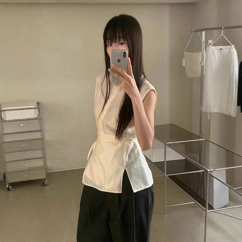 Spot White Thin Waist Slimming Look Lace-Up Sleeveless Shirt 2025 Summer Women's Simple Design Ins Top