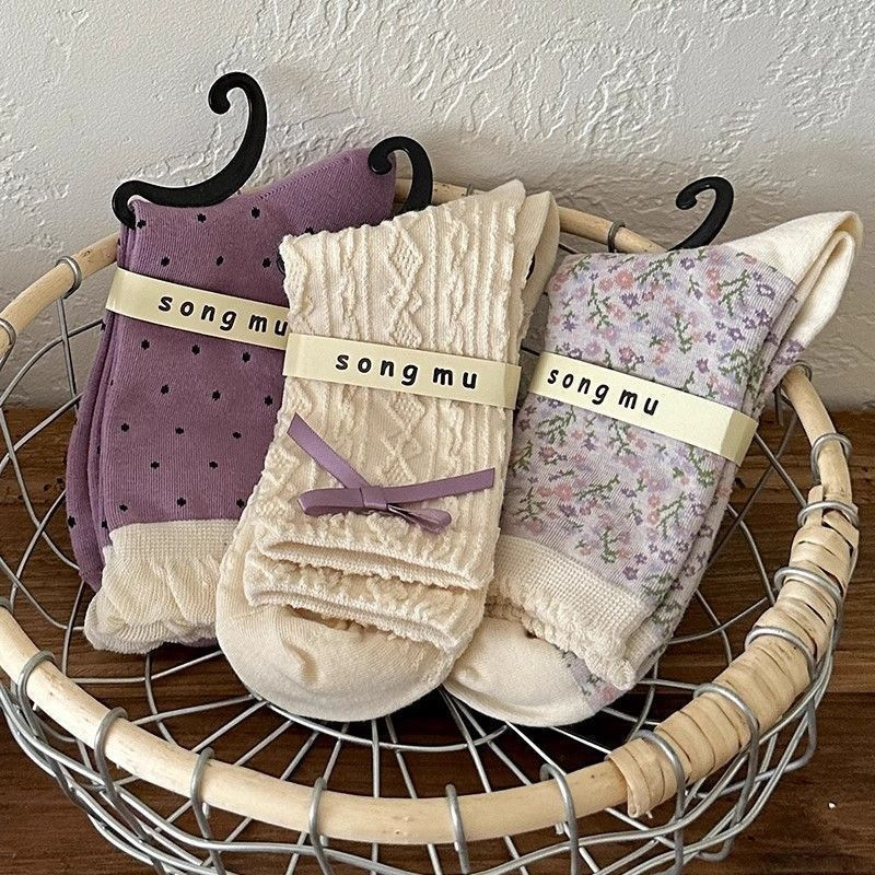 Purple Floral Socks Children's Mid-length Socks Autumn Style Cute White Bow Mid-length Socks Sweet Vintage Llace Socks