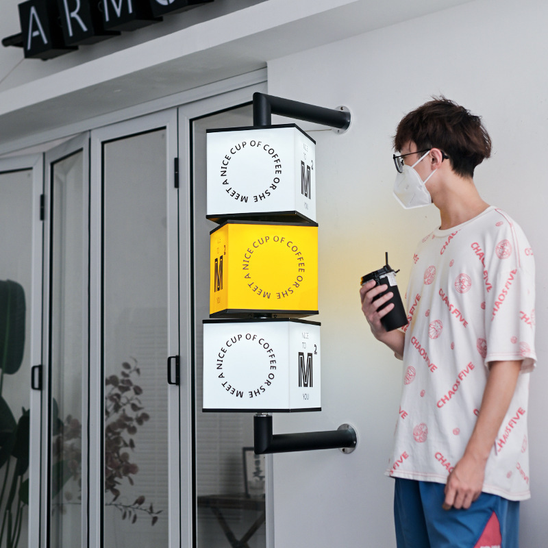 No estándar personalizado creativo red acrílico soporte giratorio caja de luz dinámica puerta colgante lateral cartel rodante