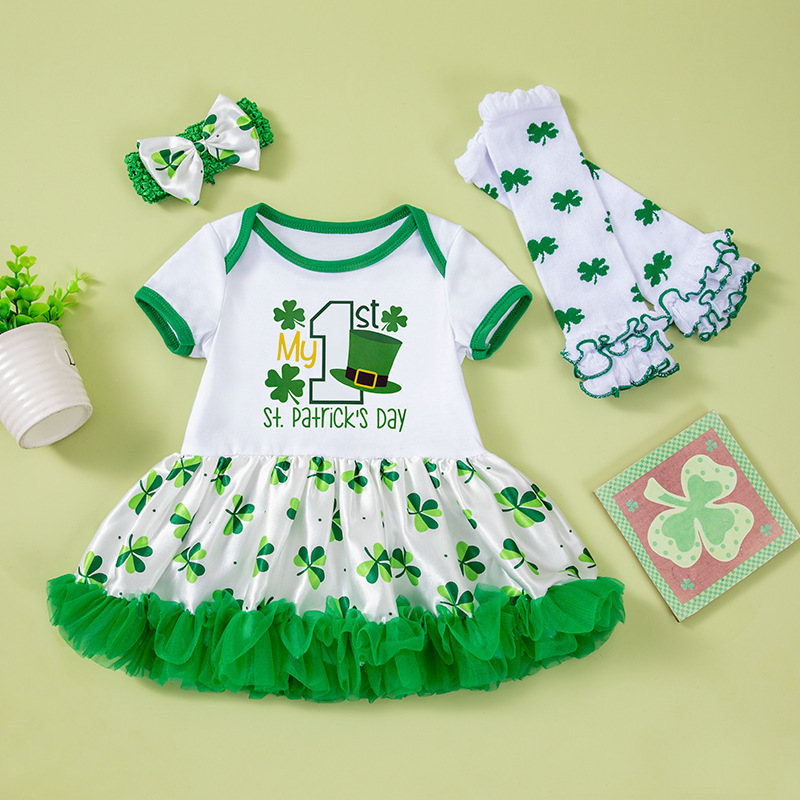 Cross-Border Children's Clothing Wholesale St. Patrick's Day Baby Girl Party Outfit Printed Hat Short-Sleeve Mesh Dress Set