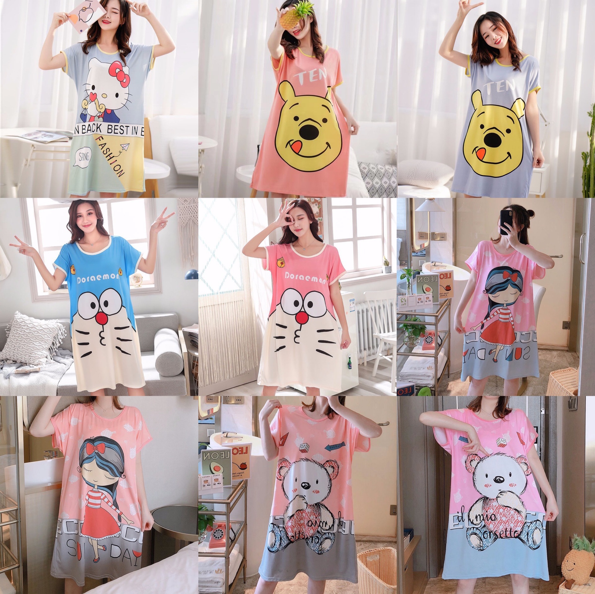 Camisón de manga corta de verano de dibujos animados dulce falda cultural delgada suelta más pijamas de tamaño vestido de mujer ropa para el hogar Comercio exterior