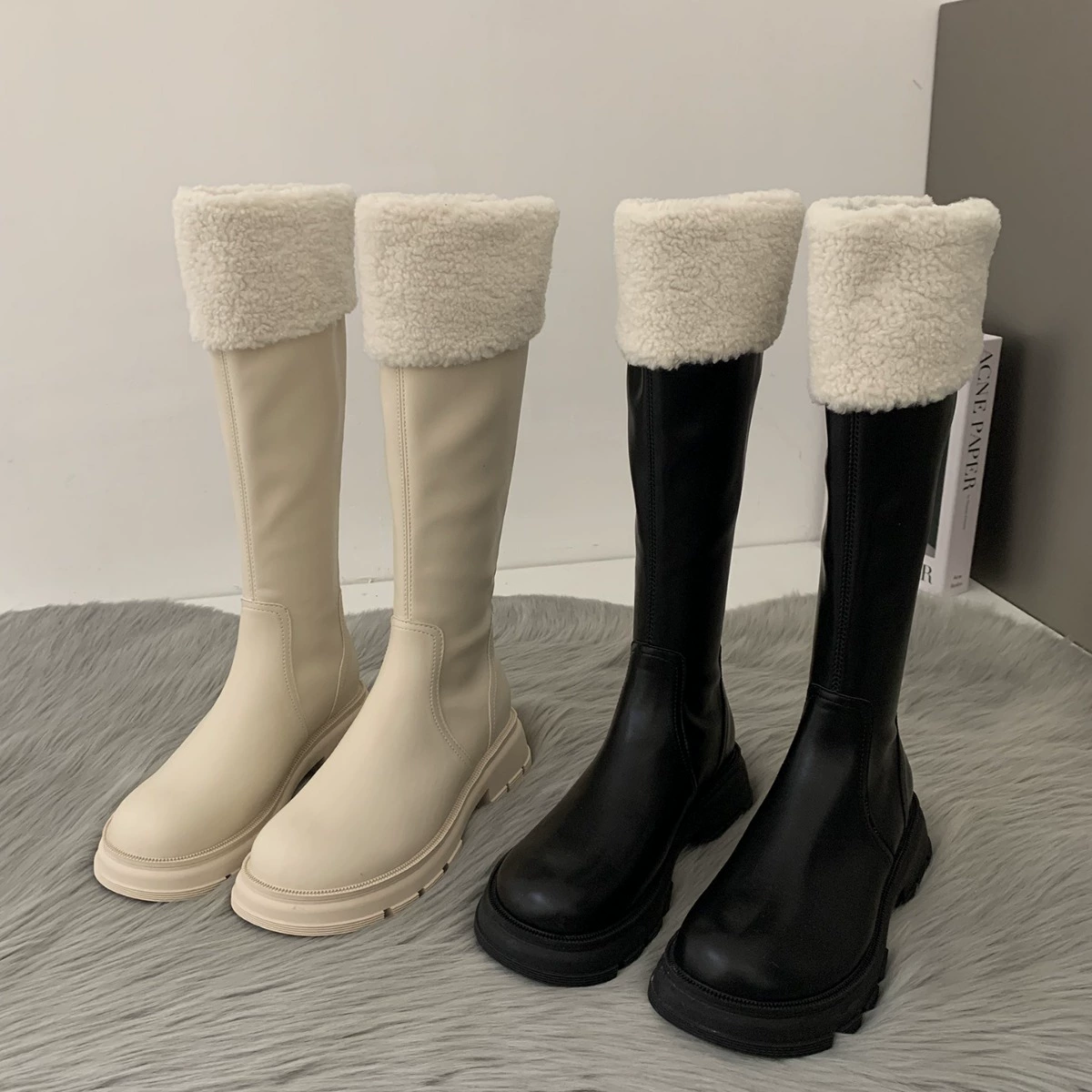 Зимние ботинки на толстой подошве, белые меховые туфли для женщин, новые модные ботинки 2023 года на флисовой подкладке, длинные сапоги, рыцарские сапоги