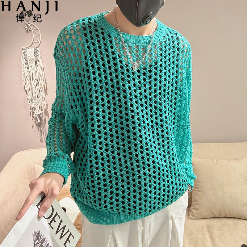 Summer New Fashion Niche Personality Hollow Sweater Men's and Women's Design Knitted Sweater Long-Sleeved Round Neck Mesh Sweater
