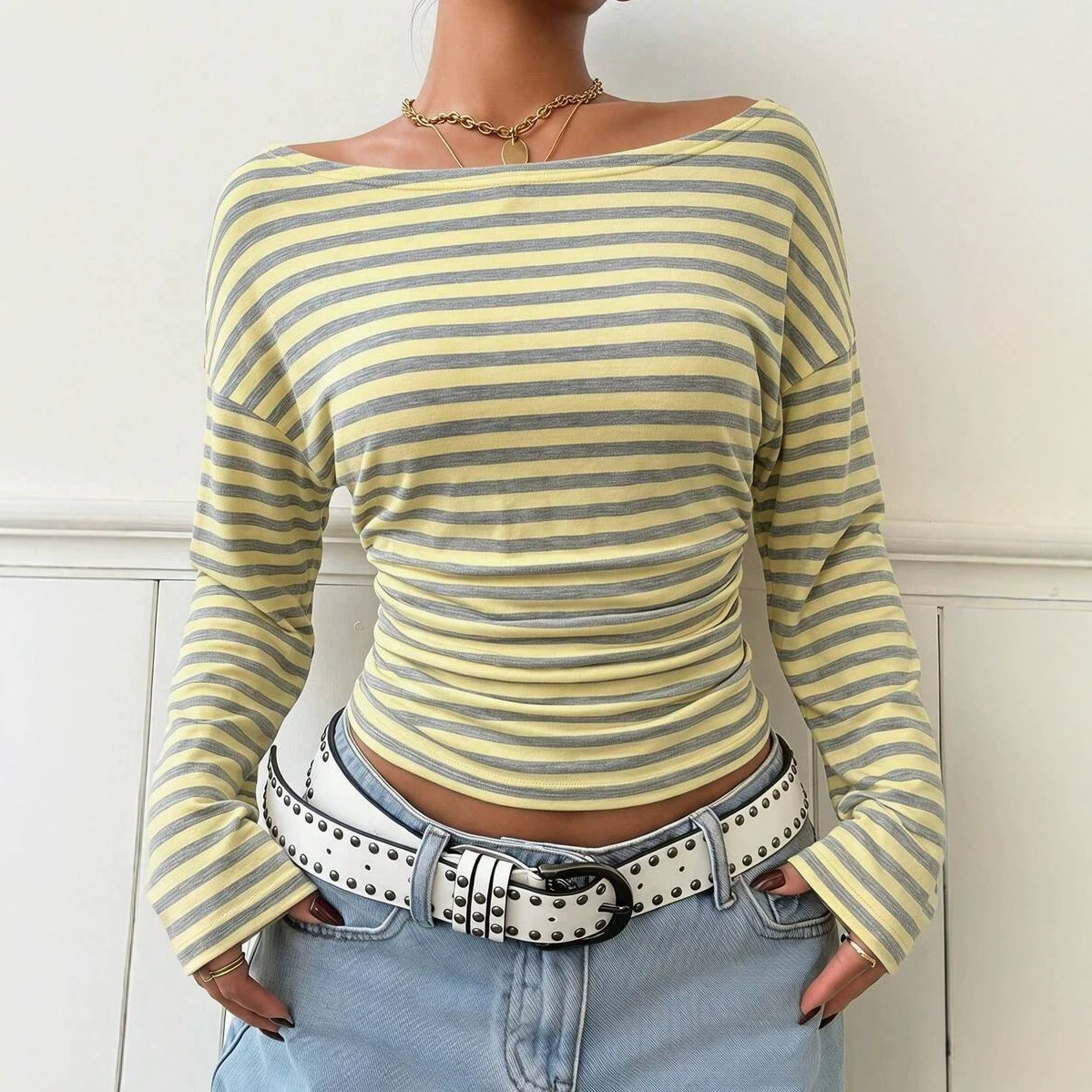 Europa y los Estados Unidos transfronterizos Amazon TikTok2026 nuevos productos para mujeres un collar de cintura retraída rayas camiseta de manga larga image 5