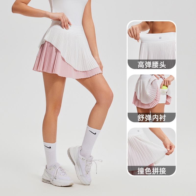 Verano nuevo vestido deportivo de cintura alta en forma de A anti-luz transpirable falso dos piezas de golf plegado pantalón corto vestido de mujer