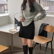韩国短款包臀毛衣裙纯色黑色弹力坑条针织铅笔半身裙女有弹力带