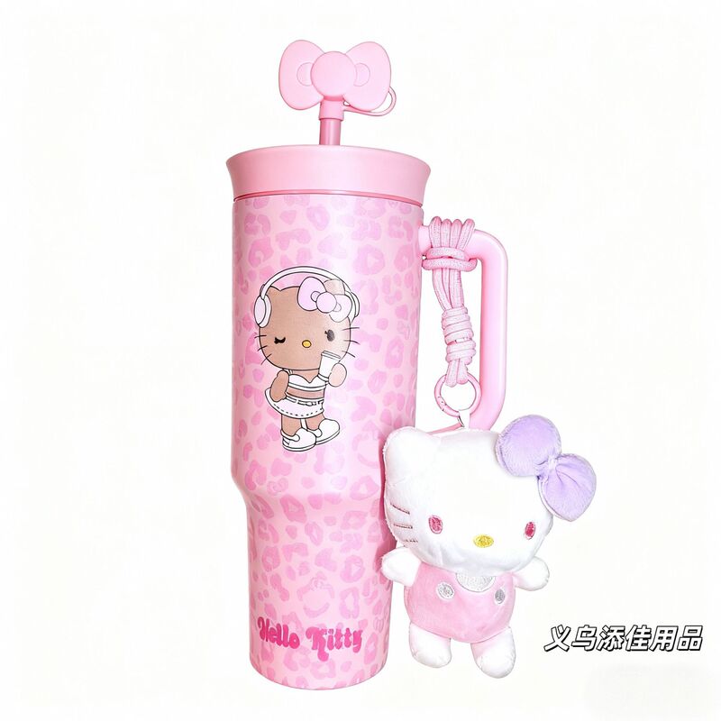 野兽派欧阳娜娜同款黑皮豹纹HelloKitty巨无霸保温吸管不锈钢水杯|undefined