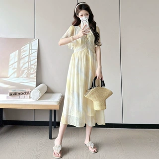 孕妇装夏季新款温柔奶油黄雪纺V领法式显瘦气质渐变色孕妇连衣裙