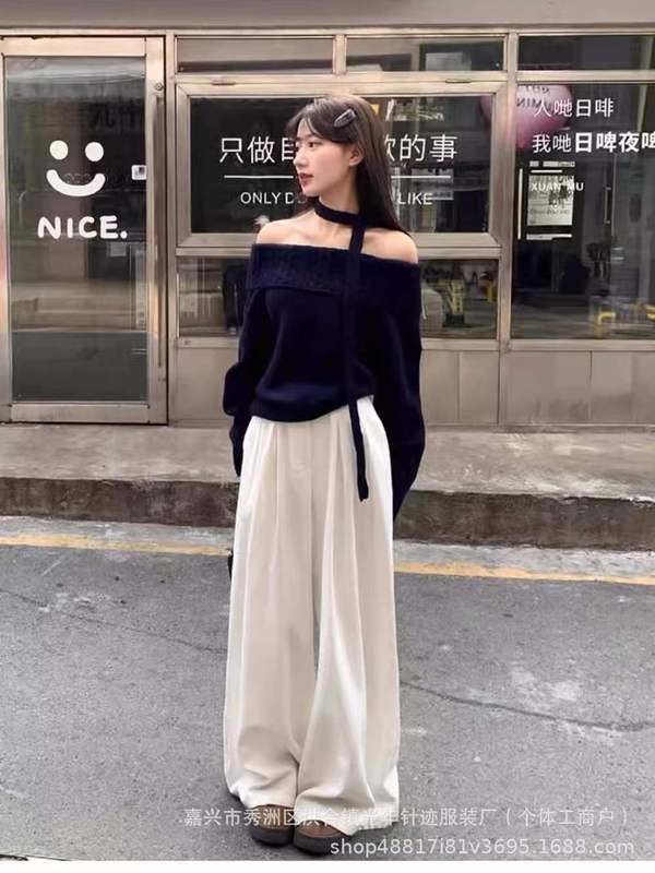 2025春秋新款韩系灰色一字肩毛衣少女感宽松外穿慵懒风漂亮针织衫|undefined