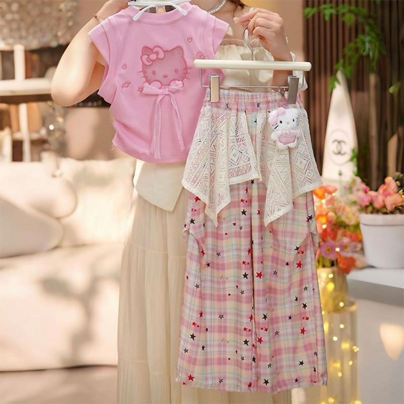 [40-count 92% Cotton] New Summer Set for Girls - Cartoon Print Top, Skirt, and Pants - Stylish Two-Piece Set for Medium and Large Children
