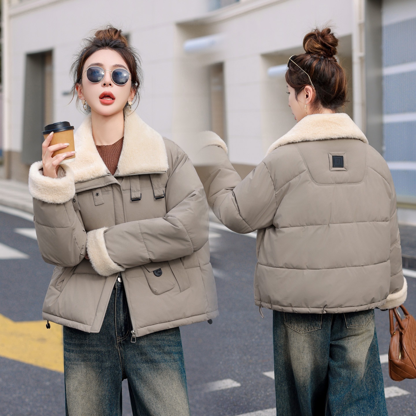 Spot 2025 invierno locomotora coreana estilo de viento casual suelto imitación de cordero calentamiento abrigo de algodón con solapa corta mujer image 3