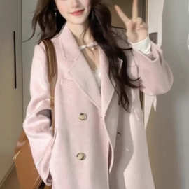 2024秋冬新款气质感超好看粉色毛呢外套女韩系小个子正肩呢子大衣