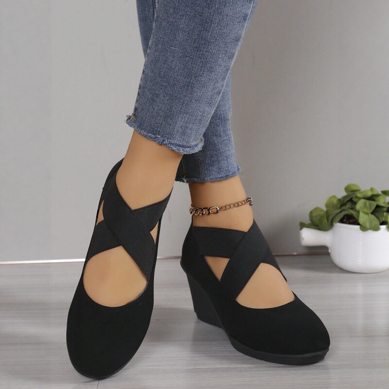 Direct from the factory, black cross-strap wedge women's shoes, large size, comfortable, height-increasing, low-cut single shoes, available for dropshipping Direct from the factory, black cross-strap wedge women's shoes, large size, comfortable, height-increasing, low-cut single shoes, available for dropshipping