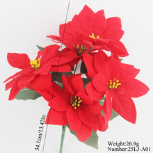 跨境圣诞节装饰品圣诞树仿真插枝配件一品红绿叶大红花束源头工厂