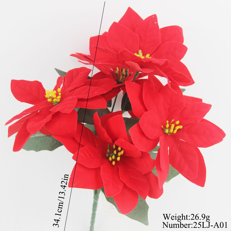 跨境圣诞节装饰品圣诞树仿真插枝配件一品红绿叶大红花束源头工厂