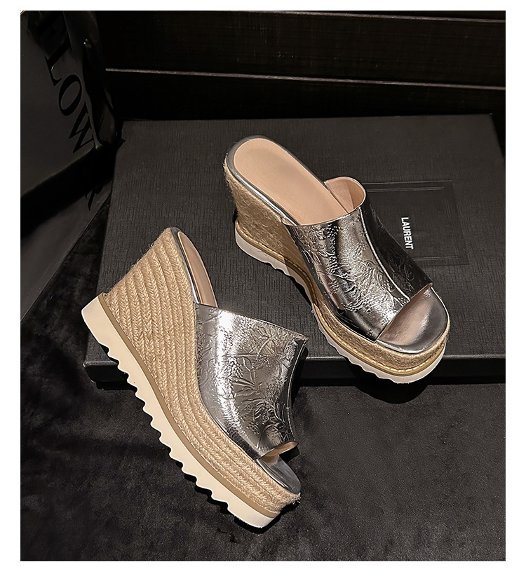 Sandal cao gót nữ mũi hở đế xuồng đan rơm phong cách La Mã — màu be, bạc chi tiết 27