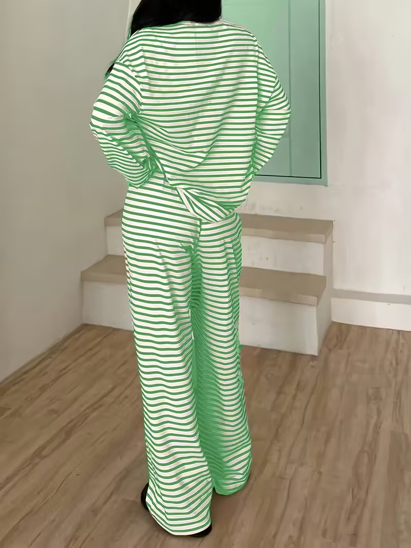 Women's Clothing Popular Striped Long-sleeved Top High-waisted Trousers Women's Fashion Casual Suit_ecoleips.com