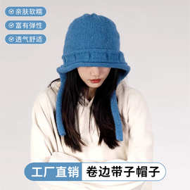 显脸小绑带针织帽女秋冬季大头围纯色毛线帽韩版保暖护耳包头帽子