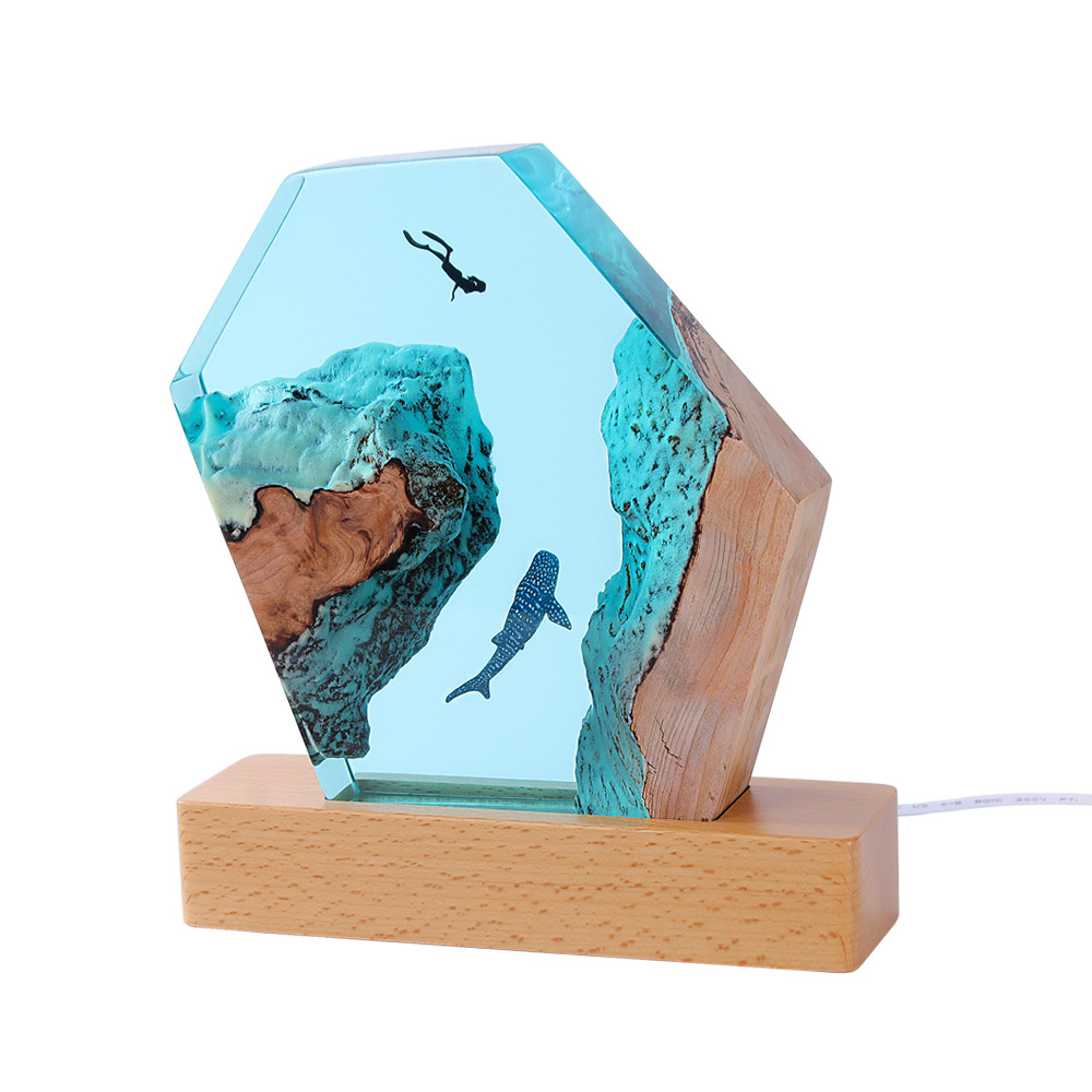 Ocean Karst Cave Whale Diver Desktop Decoration Creative Lamp Holders Solid Wood Resin Nightlight Birthday Gift Jewelry