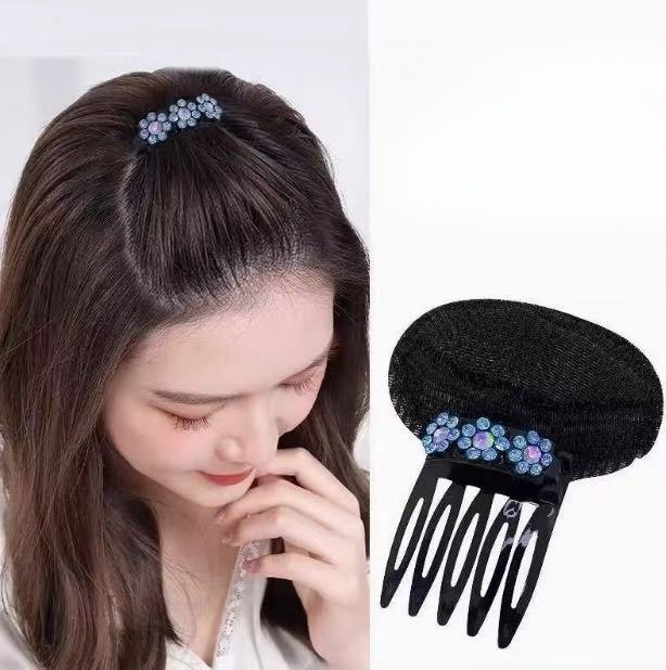 라인스톤 꽃이 머리 높이를 높여주는 헤어 패드, 보이지 않는 앞머리, 푹신한 머리 빗, 머리 위의 부스스한 머리 정리, 흔적 없는 머리핀