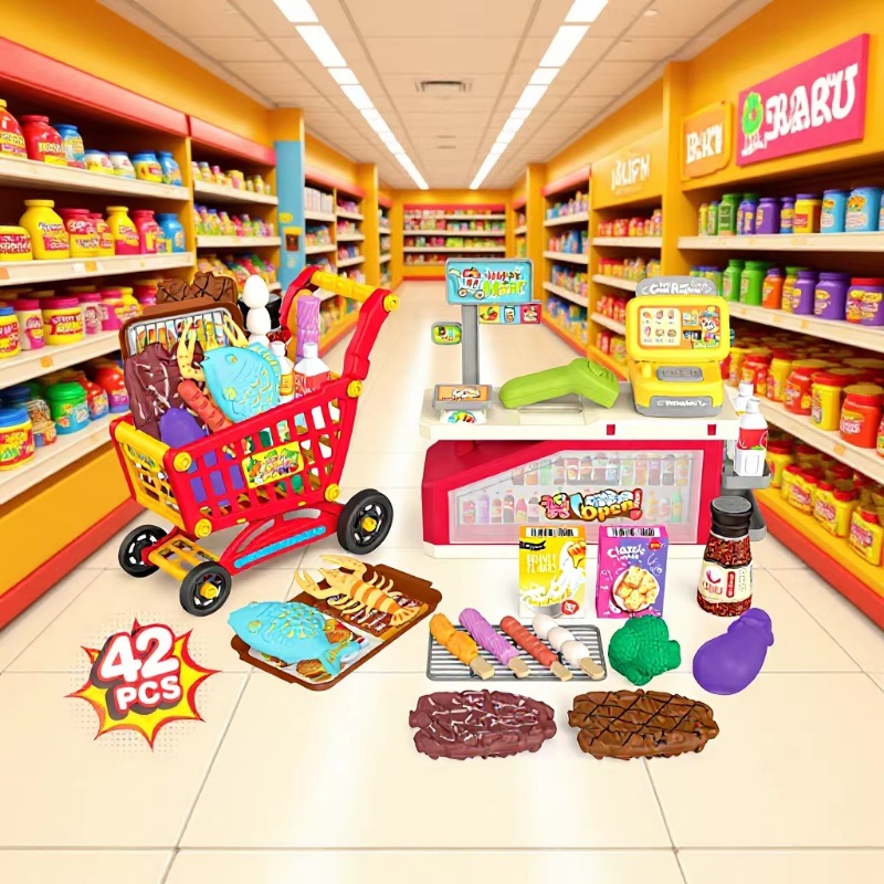 Transfronterizos niños mini hamburguesas barbacoa galletas de frutas supermercado escaneo caja registradora casera juguetes carrito de compras