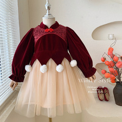 2024 Chinese New Year Red Girls' Fleece-Lined Dress with Sequin Mesh Tutu Princess Gown, Gold Velvet Skirt