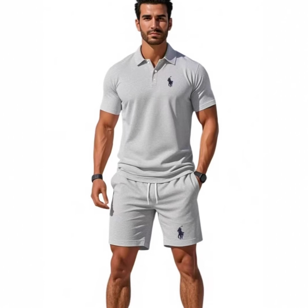 Foreign Trade Cross-Border Men's Clothing European and American Summer Suits Men's Two-Piece Outdoor Sports Breathable Shirts Short-Sleeved Shorts for Men