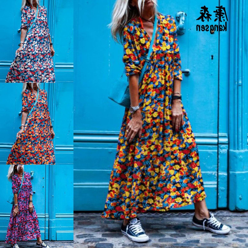 2023 Независимая станция Amazon Осень-Зима Элегантный Ретро пузырь с длинным рукавом, многоцветное Платье с принтом больших размеров в наличии