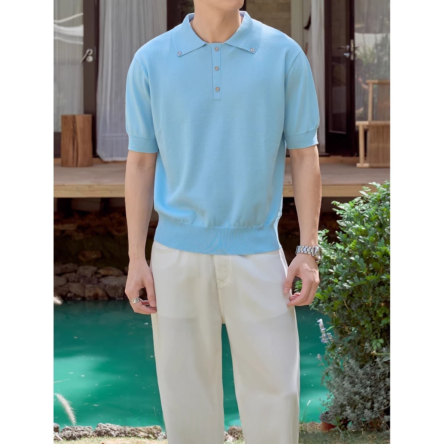 Polo camiseta de punto camiseta de manga corta botón hombre viejo dinero estilo de negocio delgado verano seda transfronteriza transpirable fábrica al por mayor