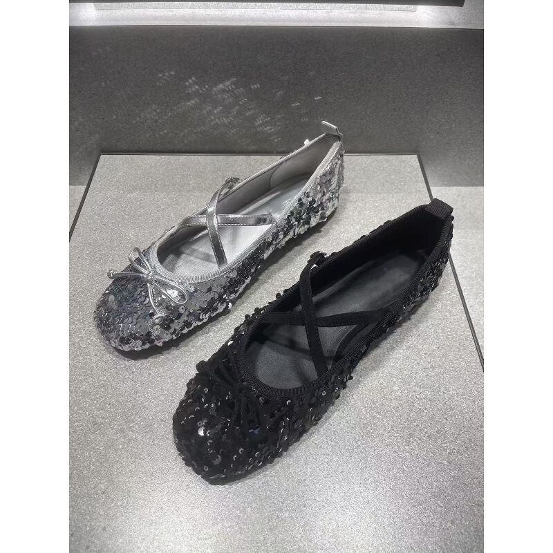 Sheepskin~5Cm Hidden Height Increase Silver Sequin Ballet Flats Women's Flat Mary Jane Shoes with Cross Straps and Bowknot
