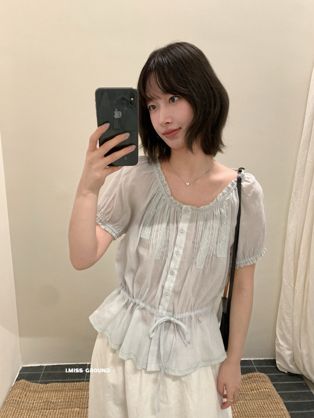 Áo sơ mi nữ tay bồng ren cotton linen thắt eo 2026 — Xanh nước biển, màu trắng, Bột cam chi tiết 5