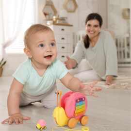 跨境新品牵绳蜗牛弹射车多功能益智敲琴动物拉绳滑行车牵引拖英文