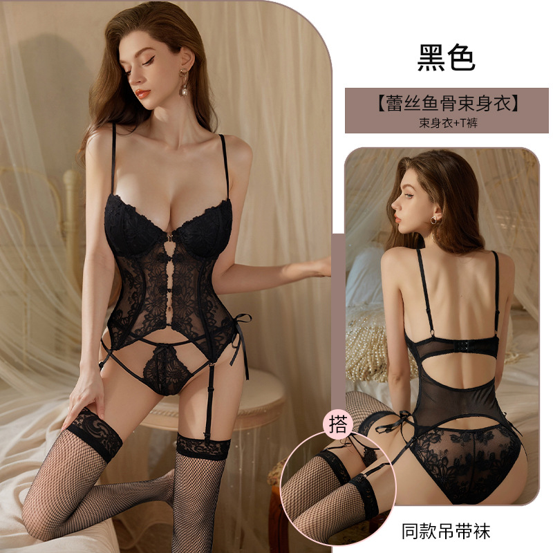 블랙 [코르셋 + T바지 + 가터벨트 포함] + 어울리는 양말