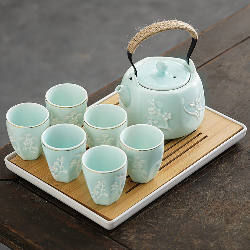 浮雕梅蘭竹菊功夫茶具套裝簡約中式大號提梁壺泡茶壺茶盤陶瓷茶杯
