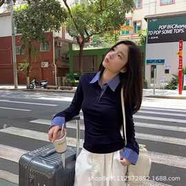 2025秋季新款格子拼接假两件打底衫Polo领韩版休闲设计感纯色上衣