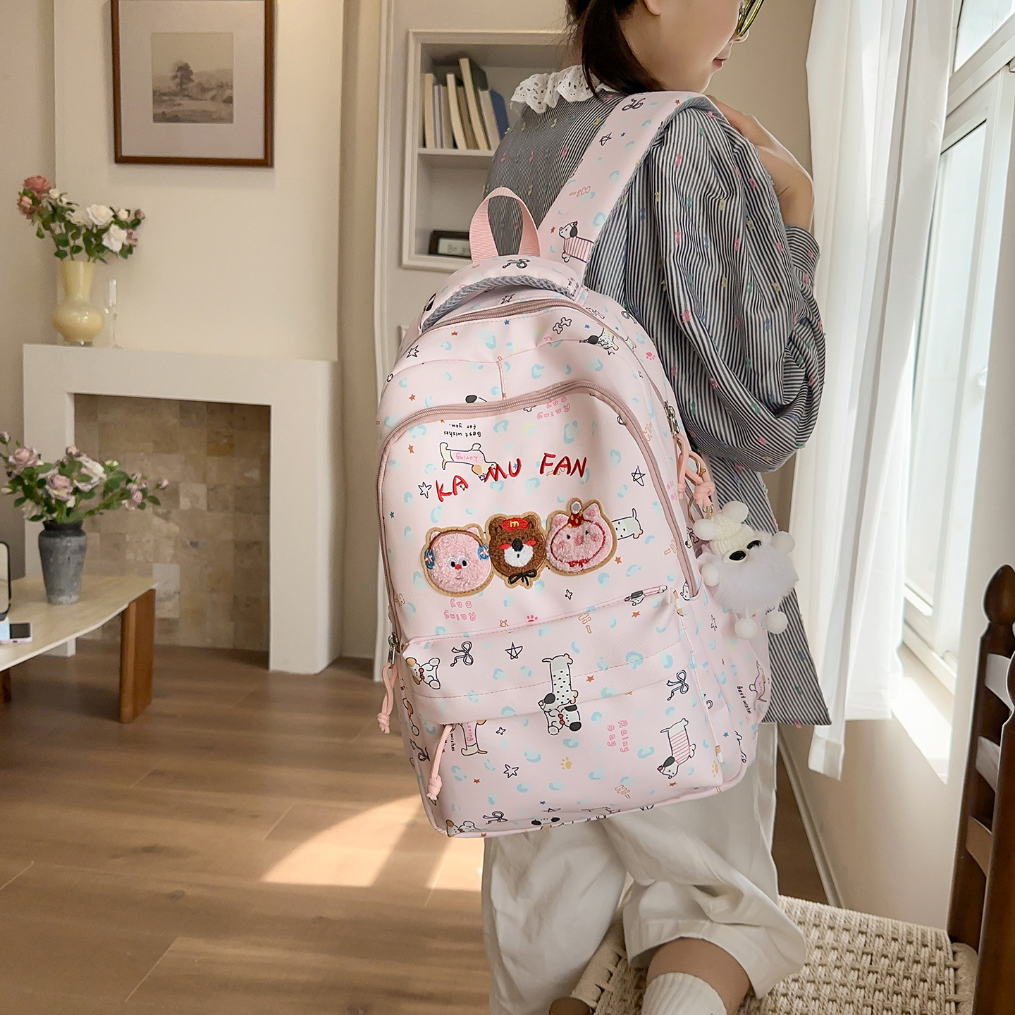 Pink Cartoon Print Backpack for Middle and High School Girls, Large Capacity, Lightweight Student School Bag, Ins-Style Lightweight Backpack