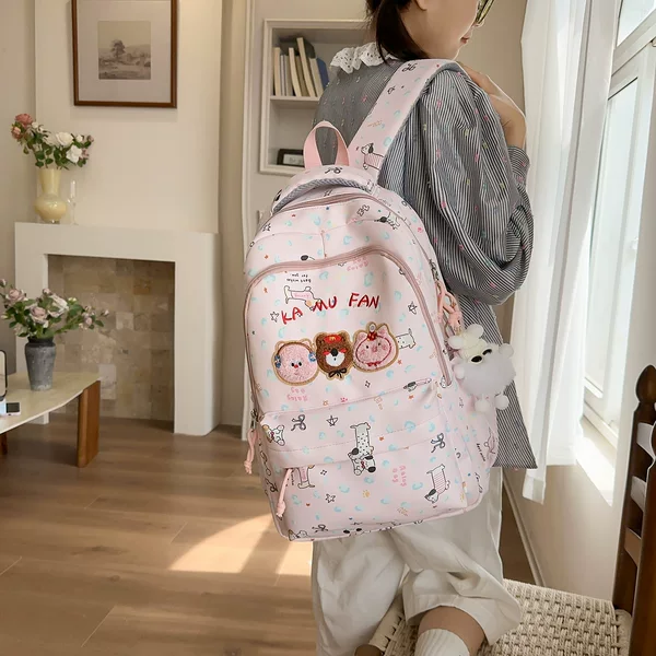 Pink Cartoon Print Backpack for Middle and High School Girls, Large Capacity, Lightweight Student School Bag, Ins-Style Lightweight Backpack