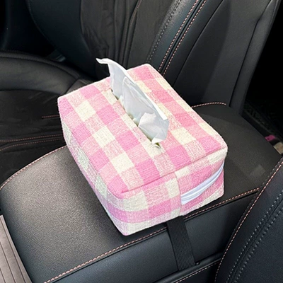 Car tissue box/set — interior accessory tissue holder - rough-weave-plaid-tissue-box-pink