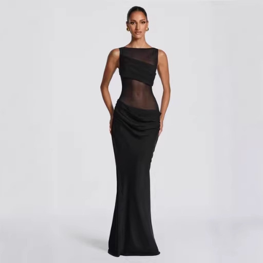 Women's Solid Color Patchwork Slim Fit Dress - Sheer Draped Evening Gown For Sophisticated Style_ecoleips.com
