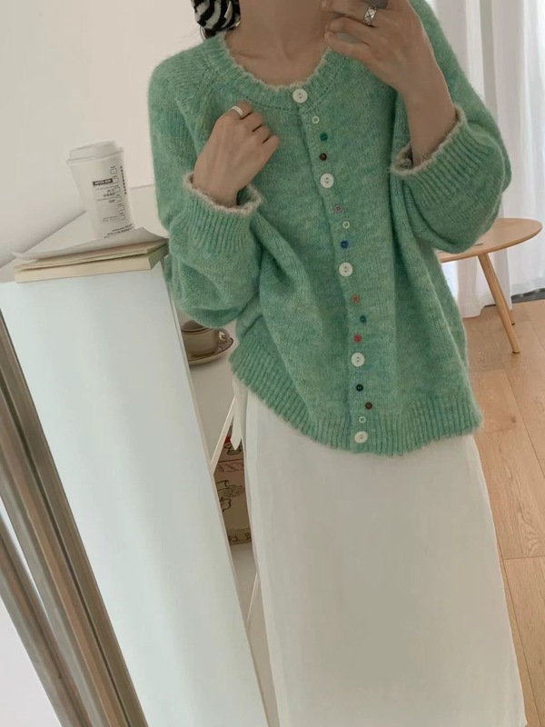 韩版彩扣撞色软糯百搭针织开衫女2025秋冬新款宽松显瘦圆领毛衣潮|undefined