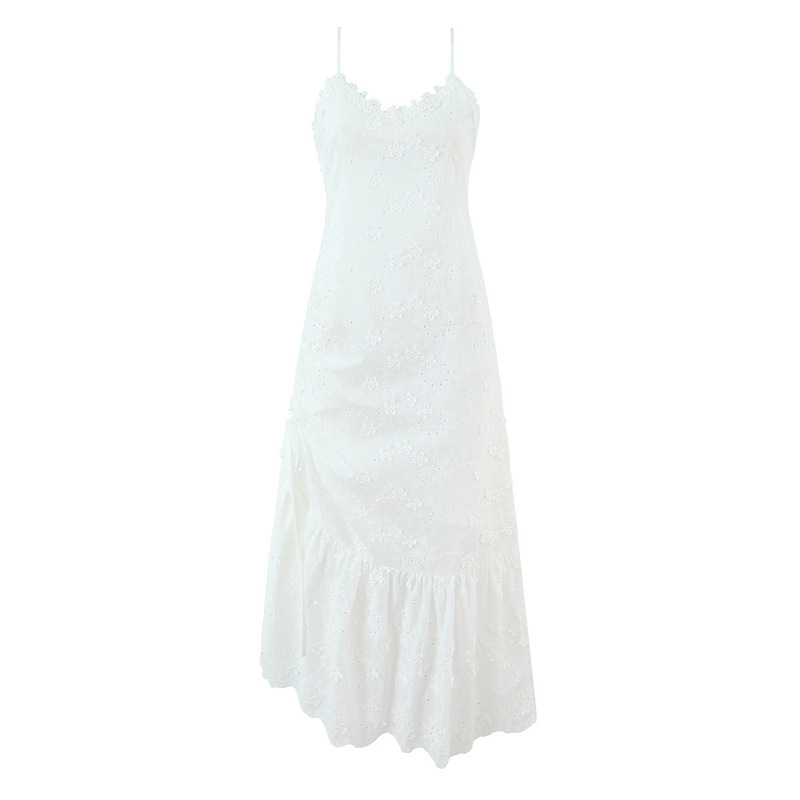 2026 New Sweet Style Heavy Embroidery Floral Spaghetti Strap Dress French V-Neck Slim Fit Backless Long Dress
