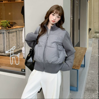 棉服女款冬季2025新款学生韩系棉衣奶呼呼针织拼接小个子棉袄外套