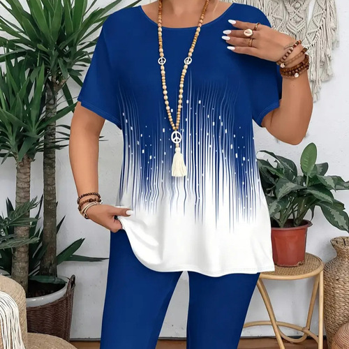 Summer Casual Striped Short-Sleeve T-Shirt and Tight Pants Set for Plus Size Women - TM001